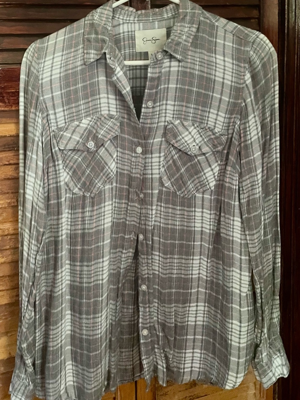 Jessica Simpson Gray and White Plaid Button-Down Shirt